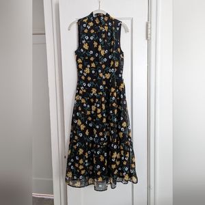 Who What Wear Sleeveless Mock High Neck Midi Dress Floral Black Yellow XS